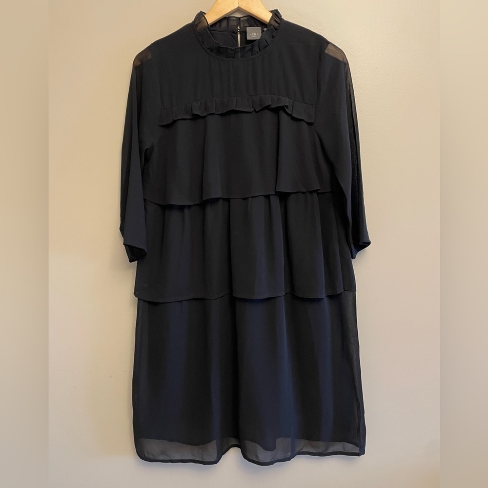 ICHI Black Ruffled Tiered Quarter Sleeve Mandarin Collar Blouse Size 36 - Picture 1 of 8